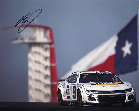 Signed 2024 Chase Elliott #9 NAPA Night Vision COTA race photo, capturing a thrilling moment at the Circuit of the Americas with the Texas flag. This 8x10 glossy photo comes with a Certificate of Authenticity.
