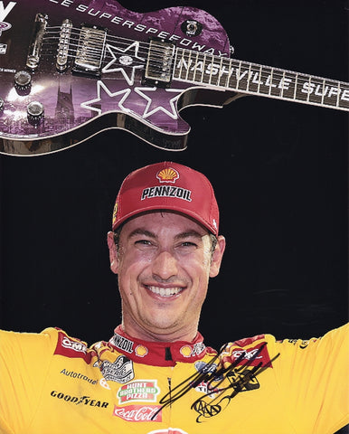 Autographed 2024 Joey Logano #22 Pennzoil Racing Nashville win photo, showcasing his guitar trophy victory. This signed 8x10 glossy photo includes a Certificate of Authenticity and lifetime guarantee, making it an unforgettable collectible for NASCAR fans.