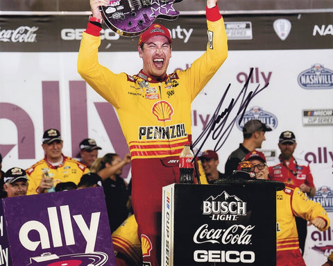 Stunning 8x10 glossy photo of Joey Logano celebrating in Victory Lane after his 2024 Nashville win. Authentically signed, with a Certificate of Authenticity (COA) and lifetime guarantee, this photo is a must-have for any racing fan.
