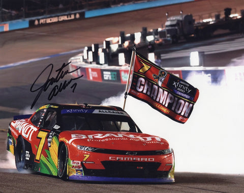 Autographed NASCAR photo of Justin Allgaier’s #7 Brandt Racing car at Phoenix, commemorating his 2024 XFINITY Series Championship win. A vibrant, glossy collectible with COA.