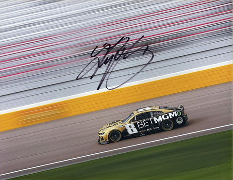 This autographed 2024 Kyle Busch #8 Bet MGM Las Vegas Motor Speedway photo features Busch in his Childress Camaro during an exciting race moment. Signed by Busch himself, this 9x11 inch glossy photo includes a Certificate of Authenticity (COA), ensuring the signature’s legitimacy. It makes a fantastic gift for NASCAR fans or collectors.