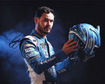 This autographed 2024 Kyle Larson Media Day photo showcases him with his Race Day Helmet. Signed by Larson, the 8x10 glossy photo includes a COA, making it an excellent addition to any NASCAR collection.