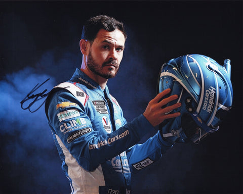 This autographed 2024 Kyle Larson Media Day photo showcases him with his Race Day Helmet. Signed by Larson, the 8x10 glossy photo includes a COA, making it an excellent addition to any NASCAR collection.