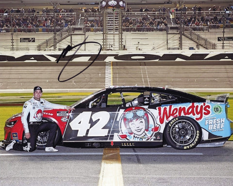 This signed 2024 Noah Gragson #42 Wendy's Racing Daytona 500 photo captures the driver in a pit road pose. Featuring a COA, it's an authentic addition to any NASCAR collection.