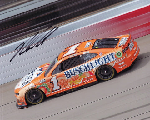 A signed 2024 Ross Chastain #1 Busch Light Peach 8x10 glossy photo, featuring Trackhouse Racing. Authenticated with a COA, this collectible photo makes a great gift for any NASCAR fan or memorabilia collector.