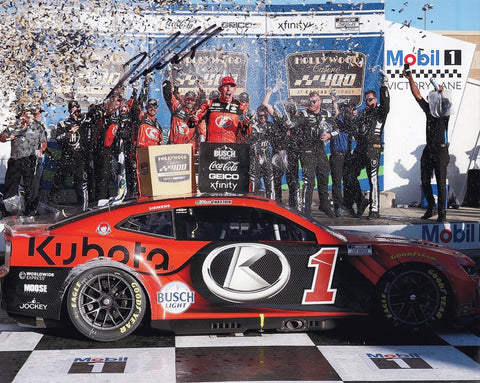 A signed 2024 Ross Chastain #1 Kubota Racing 8x10 glossy photo from his Kansas Playoff victory. Comes with a Certificate of Authenticity (COA), making it a unique collectible for NASCAR enthusiasts or the perfect gift for fans.