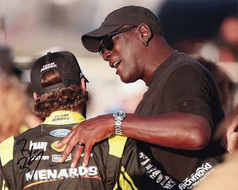 Autographed 2024 Ryan Blaney #12 Menards Racing 8x10 photo featuring his Pit Road chat with Michael Jordan. Signed by Blaney with a Certificate of Authenticity (COA), perfect for sports fans and collectors.