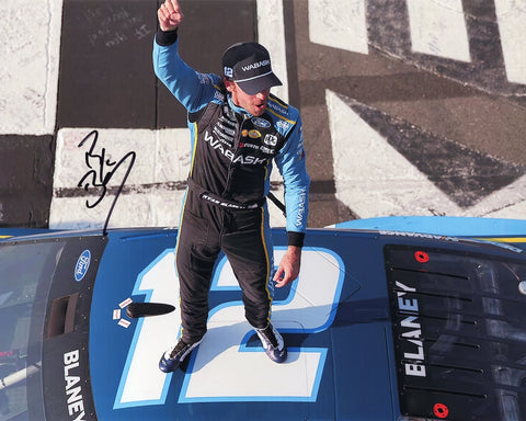 A signed 2024 Ryan Blaney #12 Wabash Racing 8x10 photo from his Pocono race win. Authenticated with COA, this photo is an exciting addition to any NASCAR fan’s collection or a memorable gift.