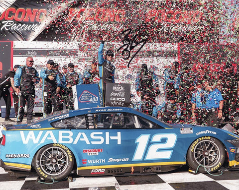 Autographed 2024 Ryan Blaney #12 Wabash Racing 8x10 photo from his Pocono race win celebration with confetti. Signed by Blaney with a Certificate of Authenticity, a great addition to any NASCAR collection.