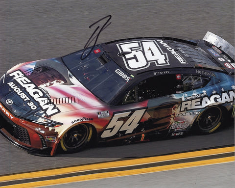 Autographed 2024 Ty Gibbs #54 Daytona race 8x10 glossy photo featuring his appearance in the Ronald Reagan movie theme. Signed by Gibbs and comes with COA for authenticity.