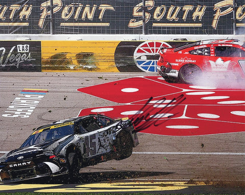 Signed 8x10 inch glossy photo of Tyler Reddick's #45 Jordan Brand Black Toyota during the 2024 Las Vegas crash, with Certificate of Authenticity (COA) for guaranteed authenticity.