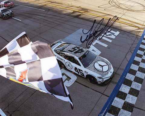 Relive the excitement of Tyler Reddick’s 2024 Talladega win with this signed 8x10 photo. Featuring Reddick’s #45 Michael Jordan Jumpman car crossing the finish line, it includes a COA.