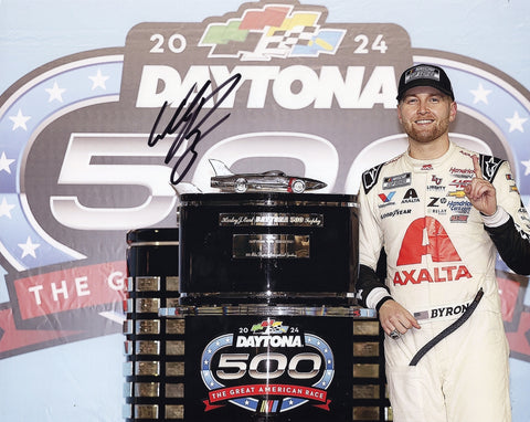 Commemorate William Byron’s 2024 Daytona 500 win with this signed 8x10 glossy photo. Featuring the Harley J. Early Trophy, this photo is perfect for collectors, offering a Certificate of Authenticity and a lifetime authenticity guarantee.