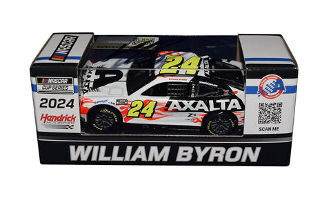 Autographed 2024 William Byron #24 Axalta Racing diecast car. This collectible, signed through exclusive public and private signings with HOT Pass access, includes a Certificate of Authenticity and a lifetime authenticity guarantee. Ideal gift for NASCAR fans and collectors.