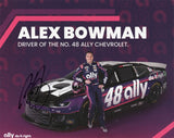 Autographed 2025 Alex Bowman hero card featuring the #48 Ally Racing Chevrolet from Hendrick Motorsports. A vibrant 8x10 NASCAR photo collectible with COA, ideal for fans.
