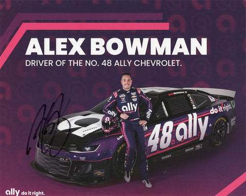Autographed 2025 Alex Bowman hero card featuring the #48 Ally Racing Chevrolet from Hendrick Motorsports. A vibrant 8x10 NASCAR photo collectible with COA, ideal for fans.