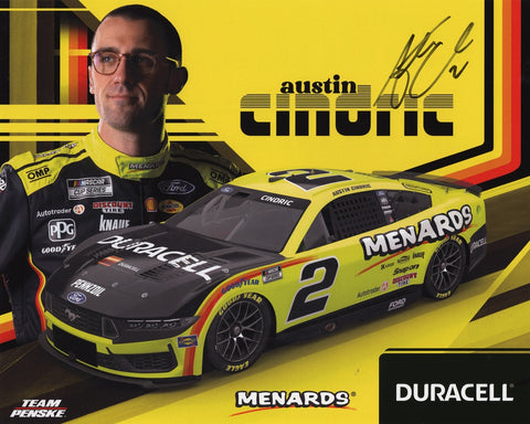 Autographed 2025 8x10 photo of Austin Cindric’s #2 Menards Duracell Ford Mustang from Team Penske. A vibrant NASCAR hero card, great for display or gifting. Includes Certificate of Authenticity. We’re always here to help with any questions about your racing memorabilia.