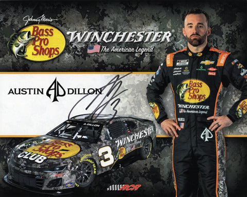 Autographed 2025 Austin Dillon hero card featuring the #3 Bass Pro Shops WINCHESTER car from Richard Childress Racing. A must-have 8x10 NASCAR photo collectible with COA.
