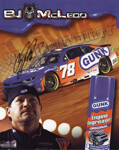 2025 autographed BJ McLeod hero card featuring the #78 Gunk Racing “We Like It Dirty” car. A signed 8x10 NASCAR photo collectible with COA, perfect for display or gifting.