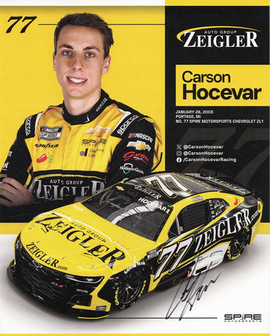Autographed 8x10 NASCAR hero card of Carson Hocevar in the #77 Zeigler Racing truck with Spire Motorsports. This collectible photo features Hocevar’s signature and vivid race-day detail. Includes a Certificate of Authenticity. A great gift for fans and collectors. We’re always available for any questions.