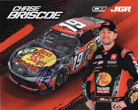 Autographed 8x10 photo of Chase Briscoe in the #19 Bass Pro Shops Toyota from Joe Gibbs Racing. Features a bold signature and vivid detail, perfect for NASCAR fans and collectors. Includes Certificate of Authenticity and makes a great gift. We’re always available to assist with questions.