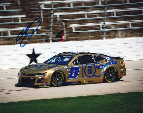 Authentic 2025 Chase Elliott photo signed by the driver, featuring the iconic #9 NAPA 100th Anniversary paint scheme at Texas Motor Speedway. This collectible 8x10 glossy image includes a COA and makes a great gift for dedicated NASCAR fans or memorabilia collectors.