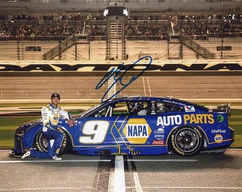 Autographed 2025 photo of Chase Elliott with his #9 NAPA Chevrolet at Daytona 500 pit road. Glossy 8x10 finish, signed with COA included. A striking collectible that celebrates one of NASCAR’s most famous races. Great gift for any Chase Elliott supporter.