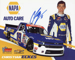 Autographed 8x10 hero card of Christian Eckes driving the #19 NAPA Racing truck in the 2025 Craftsman Truck Series. A vivid, collectible NASCAR photo with COA.