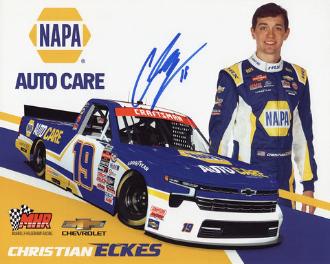 Autographed 8x10 hero card of Christian Eckes driving the #19 NAPA Racing truck in the 2025 Craftsman Truck Series. A vivid, collectible NASCAR photo with COA.