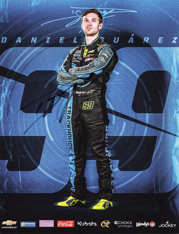 Autographed 8x10 NASCAR collectible photo of Daniel Suarez #99 in Trackhouse Racing gear, featuring his signature on the official hero card. A perfect addition for fans and collectors of NASCAR memorabilia.