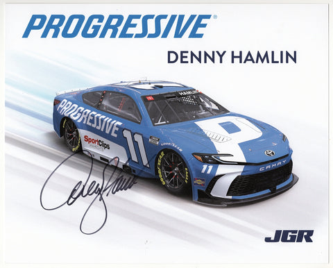 Autographed 2025 Denny Hamlin Hero Card photo featuring his #11 Progressive Racing Next Gen Toyota, measuring 8x10 inches. Great NASCAR collectible and gift.