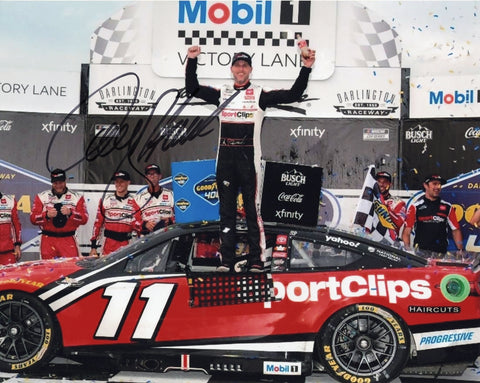 Autographed 8x10 photo of Denny Hamlin in Victory Lane at Darlington after his 2025 win in the #11 Sport Clips car. A great gift for NASCAR fans and collectors.
