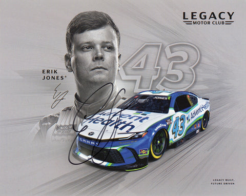 Signed 8x10 NASCAR photo of Erik Jones #43 Advent Health racing for Legacy Motor Club, featuring a crisp autograph on the official hero card. A must-have collectible for NASCAR fans and gift seekers.