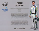 Autographed 2025 Erik Jones #43 Advent Health official hero card photo, showcasing the driver in action with a clear signature. Ideal for collectors and fans looking for exclusive NASCAR memorabilia.