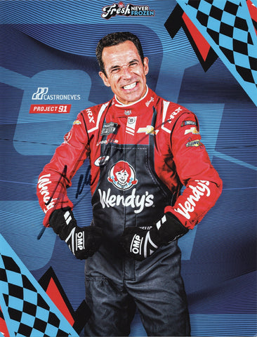 Signed 2025 Helio Castroneves #91 Wendy's Racing Daytona 500 hero card from Project 91. A bold NASCAR collectible photo with COA, ideal for motorsport fans.