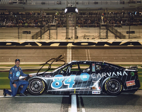 Autographed image of Jimmie Johnson’s #84 Legacy Motor Club Shaq-themed NASCAR ride from the 2025 Daytona 500, perfect for racing fans and memorable gift-giving.
