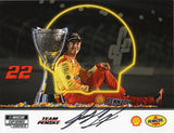 Autographed 2025 Joey Logano #22 Pennzoil Racing 3X NASCAR Champion 9x11 inch hero card photo. Glossy signed NASCAR collectible with COA, ideal for fans and collectors.