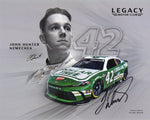 High-resolution 8x10 autographed photo of John Hunter Nemechek in his #42 Dollar Tree Racing car with Legacy Motor Club, signed collectible NASCAR hero card with COA included. Perfect for fans and collectors looking to add a standout piece to their NASCAR memorabilia.