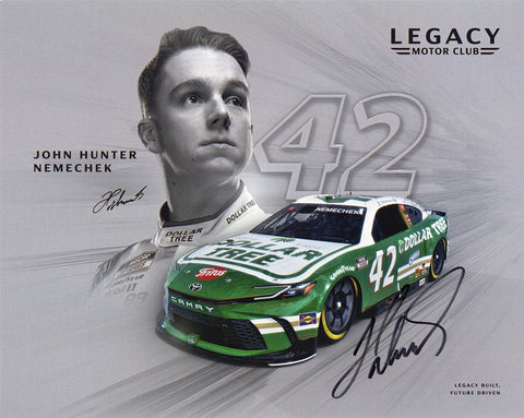 High-resolution 8x10 autographed photo of John Hunter Nemechek in his #42 Dollar Tree Racing car with Legacy Motor Club, signed collectible NASCAR hero card with COA included. Perfect for fans and collectors looking to add a standout piece to their NASCAR memorabilia.