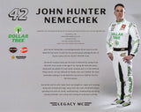 Signed 8x10 glossy NASCAR photo of John Hunter Nemechek #42 from the 2025 season, featuring Dollar Tree Racing and Legacy Motor Club branding. A detailed collectible hero card, ideal for NASCAR enthusiasts seeking authentic autographed memorabilia with a COA.