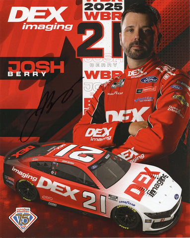 Autographed 2025 hero card photo of Josh Berry’s #21 Dex Imaging Ford Mustang, celebrating Wood Brothers Racing’s 75th year. A sharp 8x10 collectible that makes a great gift. Includes Certificate of Authenticity. We are always here to help with any questions about your NASCAR memorabilia.