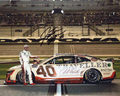 Autographed 8x10 NASCAR photo of Justin Allgaier driving the #40 Traveller Whisky Racing car during the 2025 Daytona 500. Historic JR Motorsports debut collectible with vivid color and a COA.