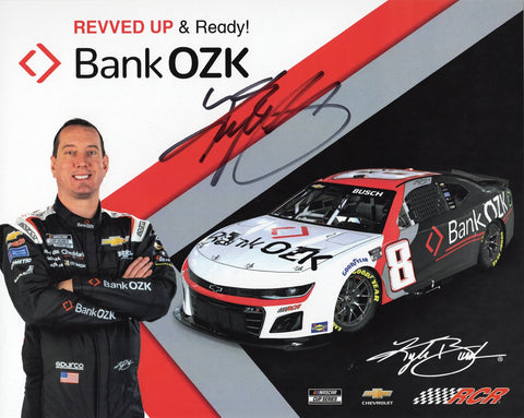 Autographed 8x10 glossy photo of Kyle Busch #8 Bank of Ozk Team Official Hero Card from Richard Childress Racing. A vibrant NASCAR collectible signed by the champion with COA included.