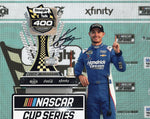 Signed 8x10 glossy photo of Kyle Larson celebrating his 2025 Homestead-Miami NASCAR win holding the victory lane trophy. A perfect collectible for fans and display.