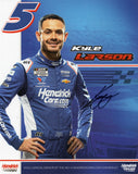 Autographed 2025 Kyle Larson 8x10 hero card photo showing the #5 Hendrick Cars Racing Chevrolet, personally signed and ideal for NASCAR memorabilia collectors and fans.