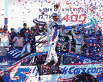 Signed 8x10 glossy photo of Kyle Larson celebrating his 2025 Charlotte Roval NASCAR victory in victory lane, a must-have collectible for motorsports enthusiasts and fans.