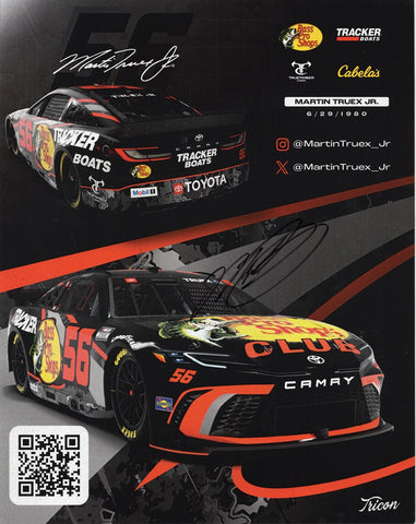 Signed 8x10 glossy NASCAR photo of Martin Truex Jr. #56 Bass Pro Shops Daytona 500 car official hero card, featuring a vibrant image and autograph. Perfect collectible for fans and great as a gift.