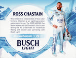 Autographed 2025 Ross Chastain official hero card photo showing the #1 Busch Light Camaro on the track. Ideal gift for NASCAR fans and motorsports collectors looking to celebrate the 2025 season.