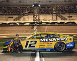 Signed 8x10 glossy photo of Ryan Blaney in the #12 Menards Racing car during the 2025 Daytona 500. A must-have collectible for NASCAR fans and motorsports enthusiasts alike.