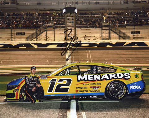 Signed 8x10 glossy photo of Ryan Blaney in the #12 Menards Racing car during the 2025 Daytona 500. A must-have collectible for NASCAR fans and motorsports enthusiasts alike.